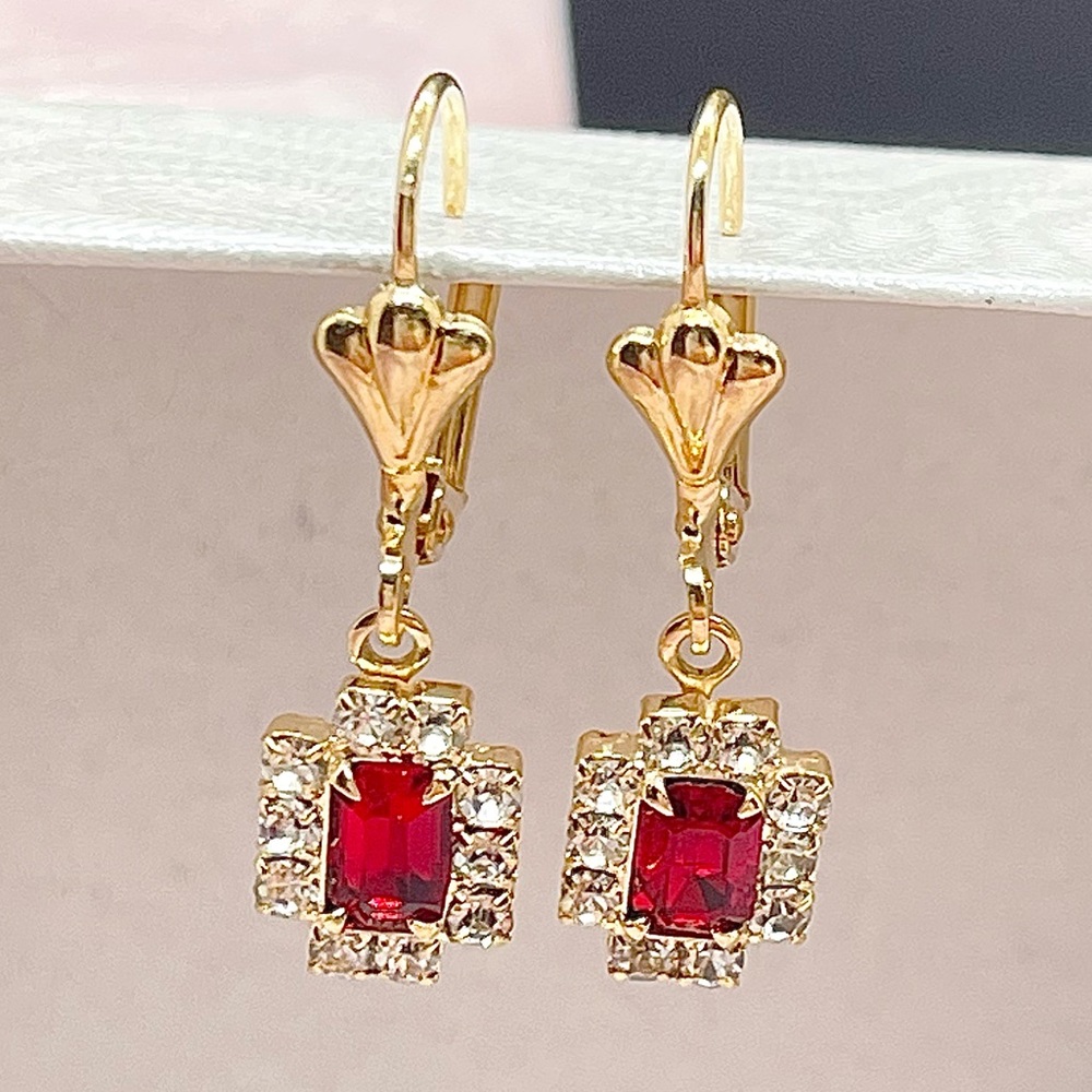 18k Gold Filled Red Emerald Cut Cubic Zirconia French Lock Earrings ✨